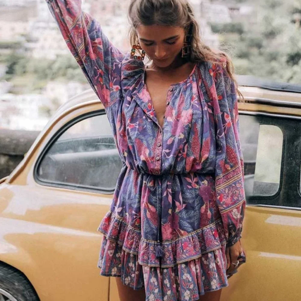 Bohemian Gypsy Purple Floral Print Mini Ruffle dress - Picture 3 of 16